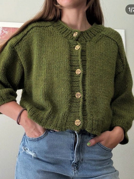 Sweaters - Olive Green Hand Knit by me Cardigan with Moose Buttons